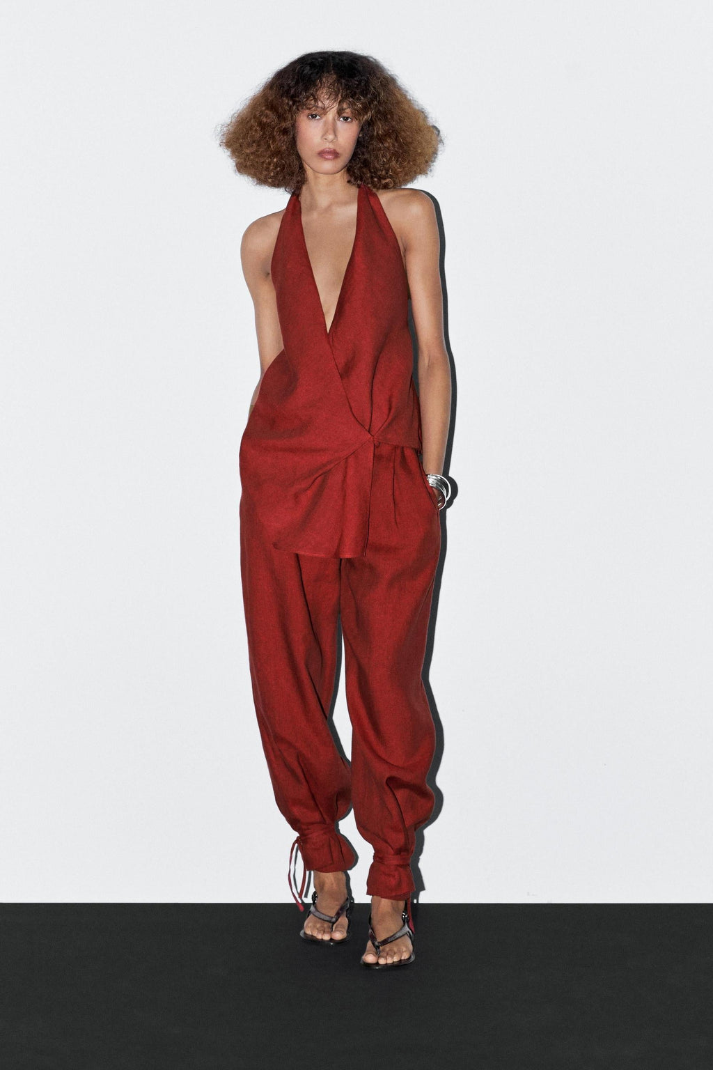 Crimson Halter Neck Asymmetric Top & Harem Pants Set