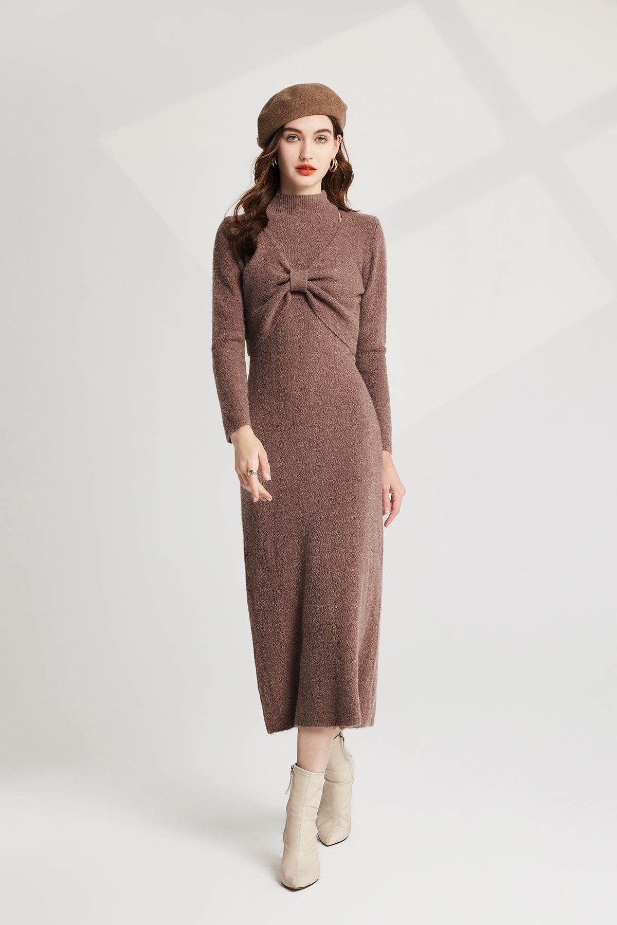 Thickened Bow Half High Neck Base Knitted Sweater Vest Dress Two Piece Set