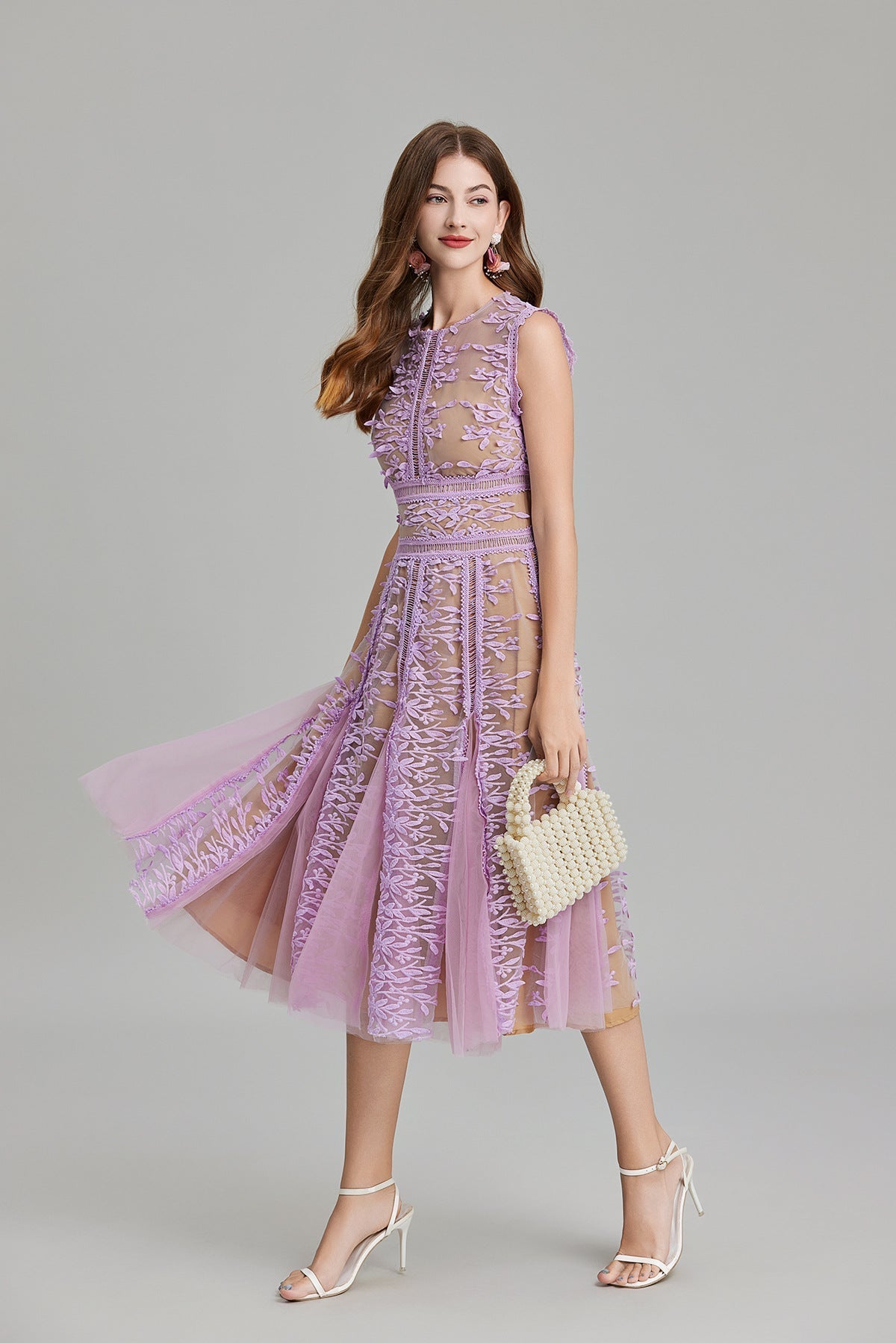 Maëlle Round Neck Mesh Embroidered Midi Dress In Beige