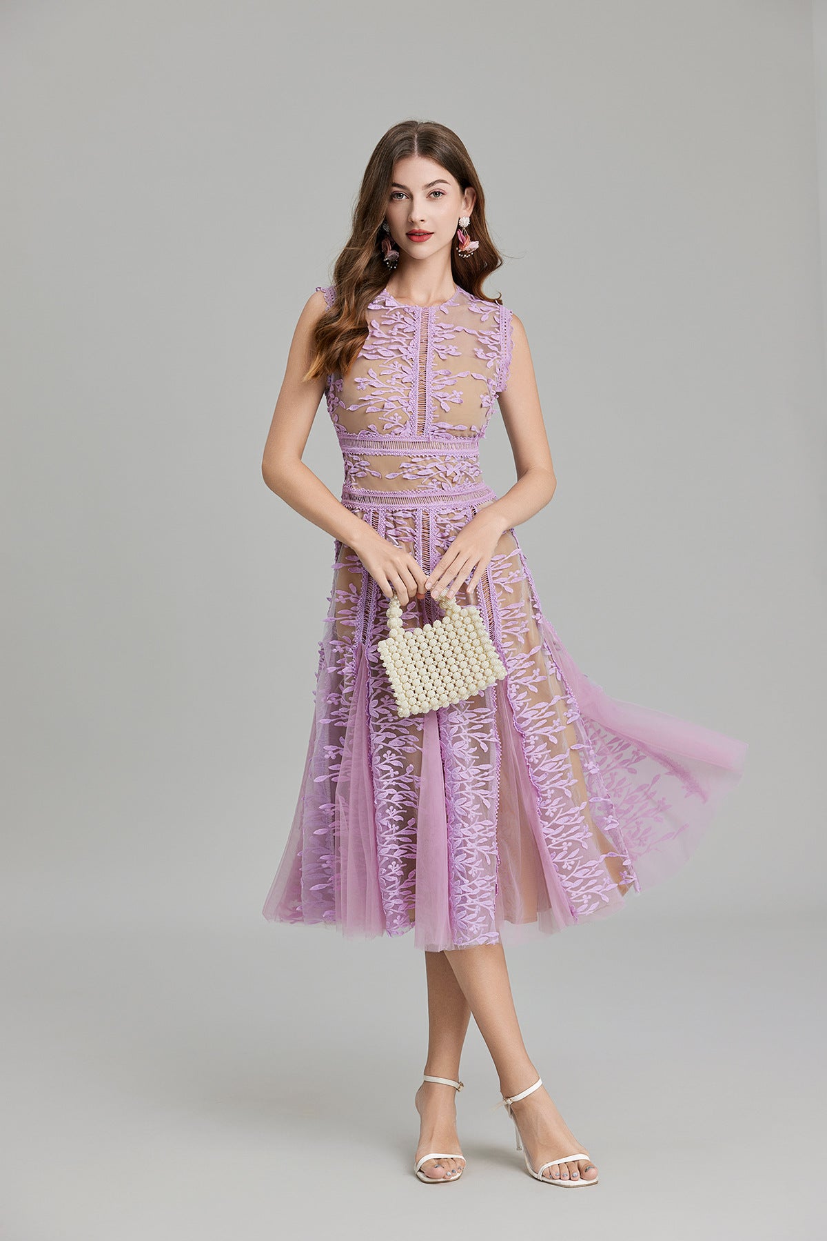 Maëlle Round Neck Mesh Embroidered Midi Dress In Beige