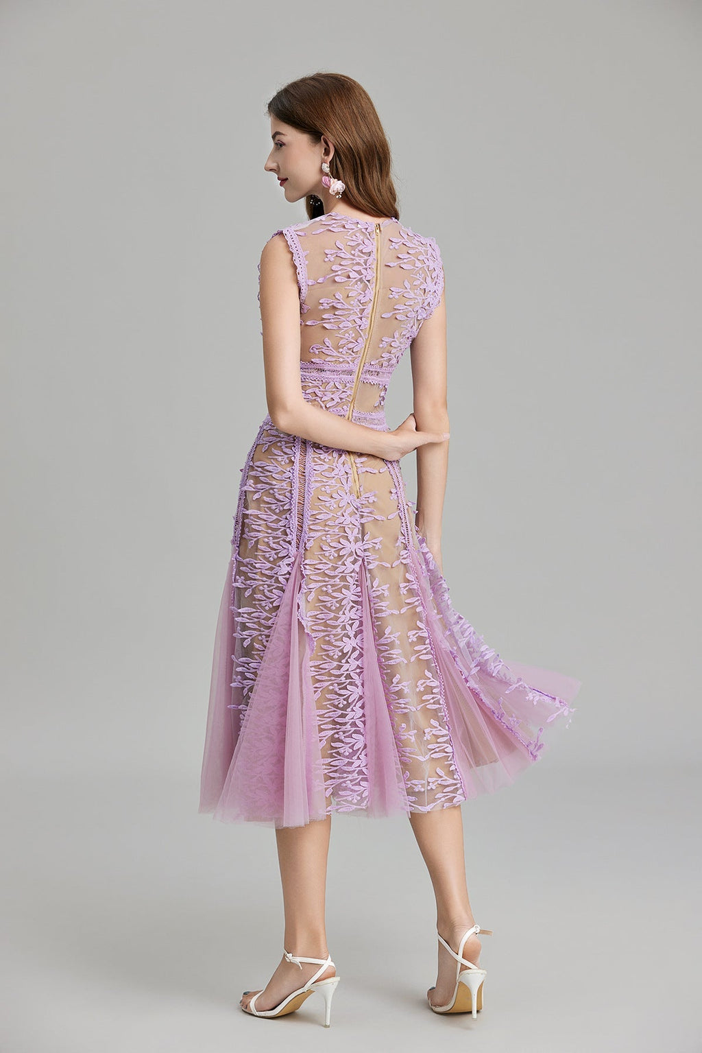 Maëlle Round Neck Mesh Embroidered Midi Dress In Beige