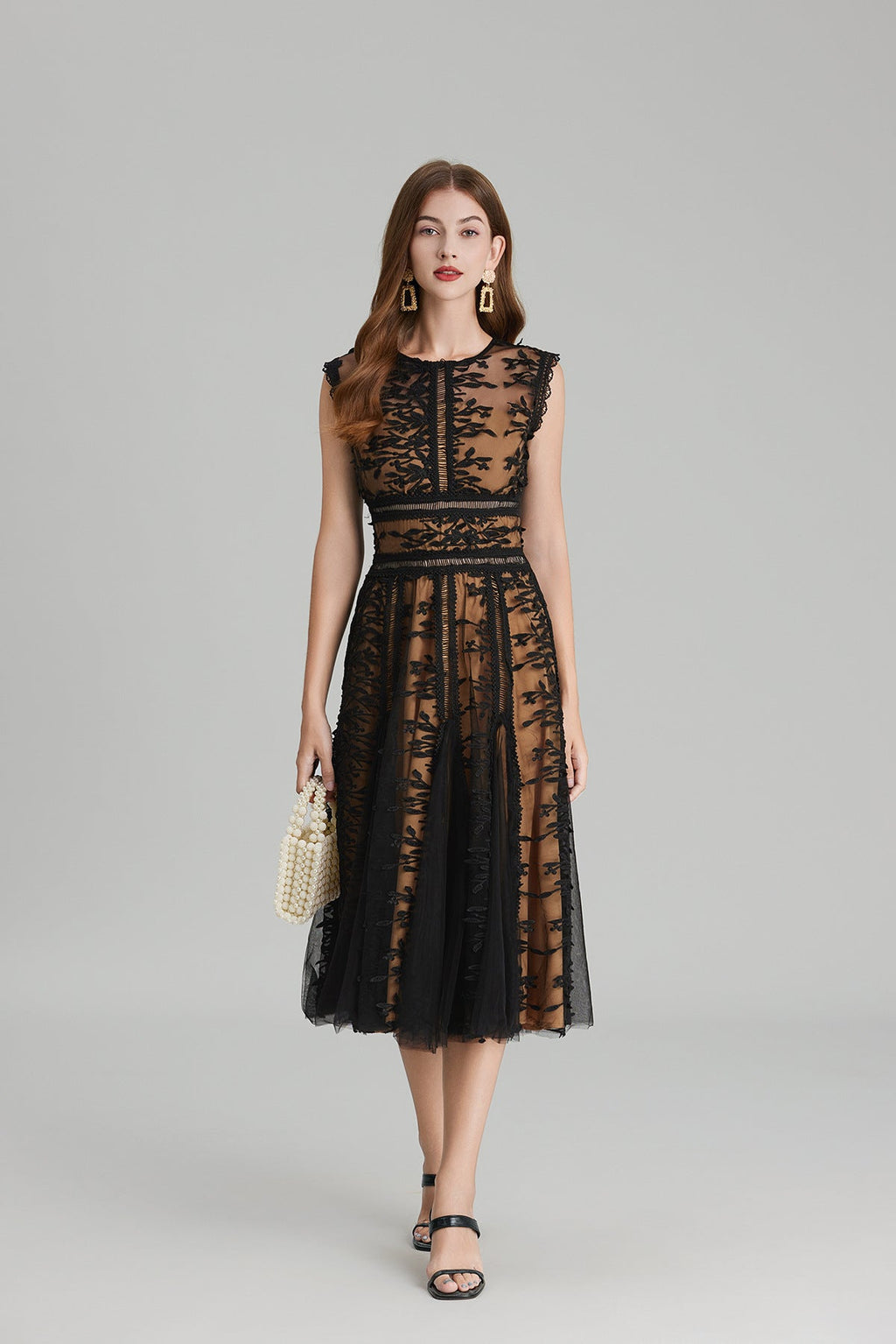 Maëlle Round Neck Mesh Embroidered Midi Dress In Beige