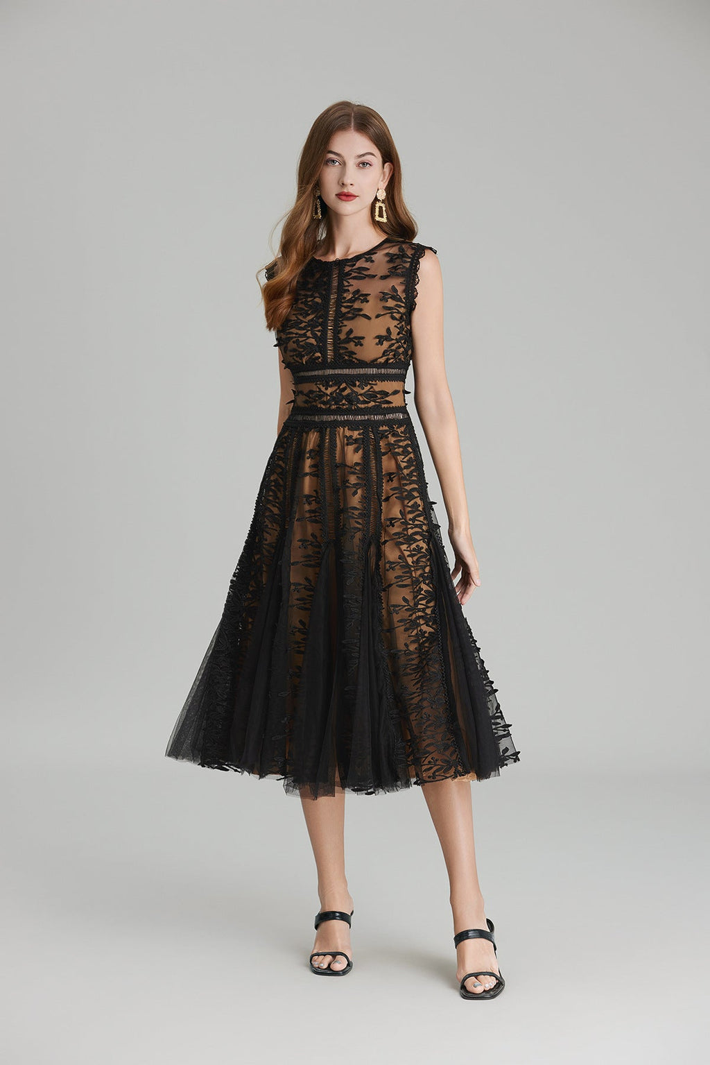 Maëlle Round Neck Mesh Embroidered Midi Dress In Beige