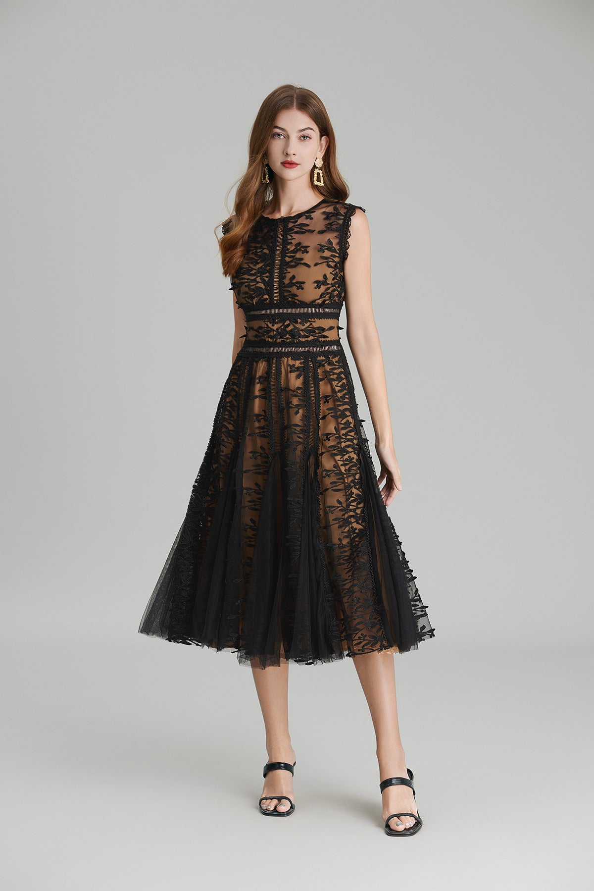 Maëlle Round Neck Mesh Embroidered Midi Dress In Beige