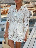 Vintage Exquisite Lace Crochet Slit Sleeve Top And Shorts Set