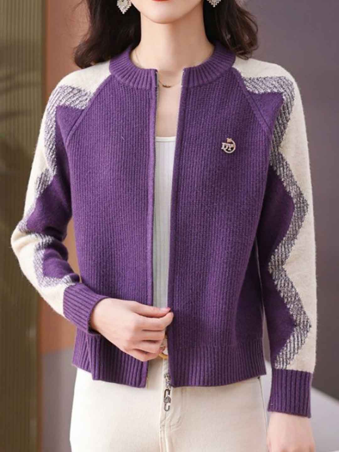 Paige Loose Crew Neck Colorblock Knitted Cardigan