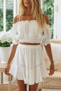 White Lace Crop Top and Skirt Matching Sets