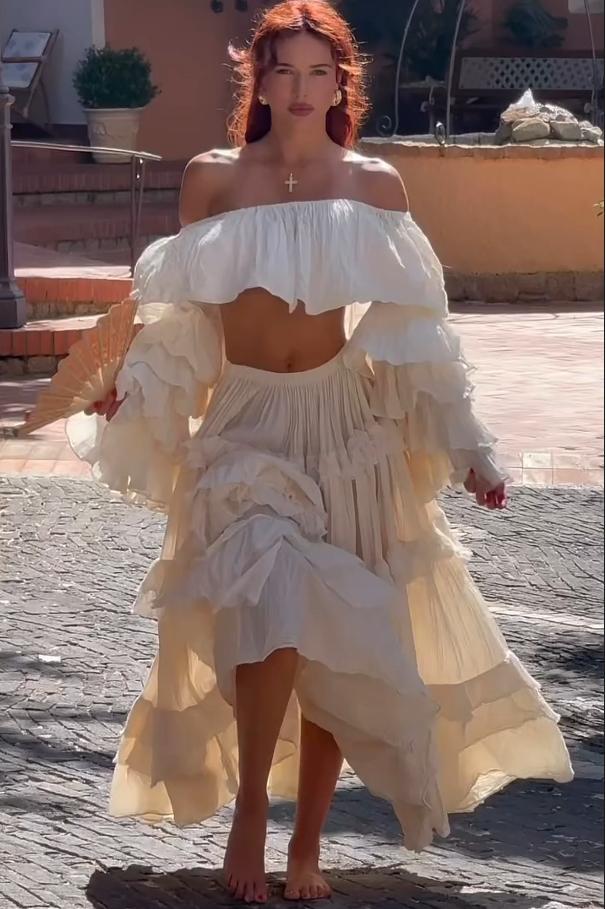 Flowy Off Shoulder Crop Top & Ruffled Maxi Skirt Set
