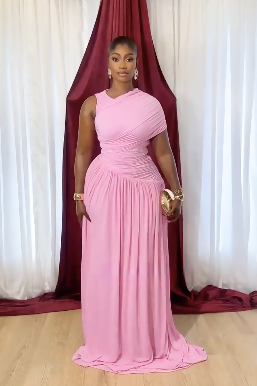Hot Pink One-Shoulder Ruched Maxi Dress