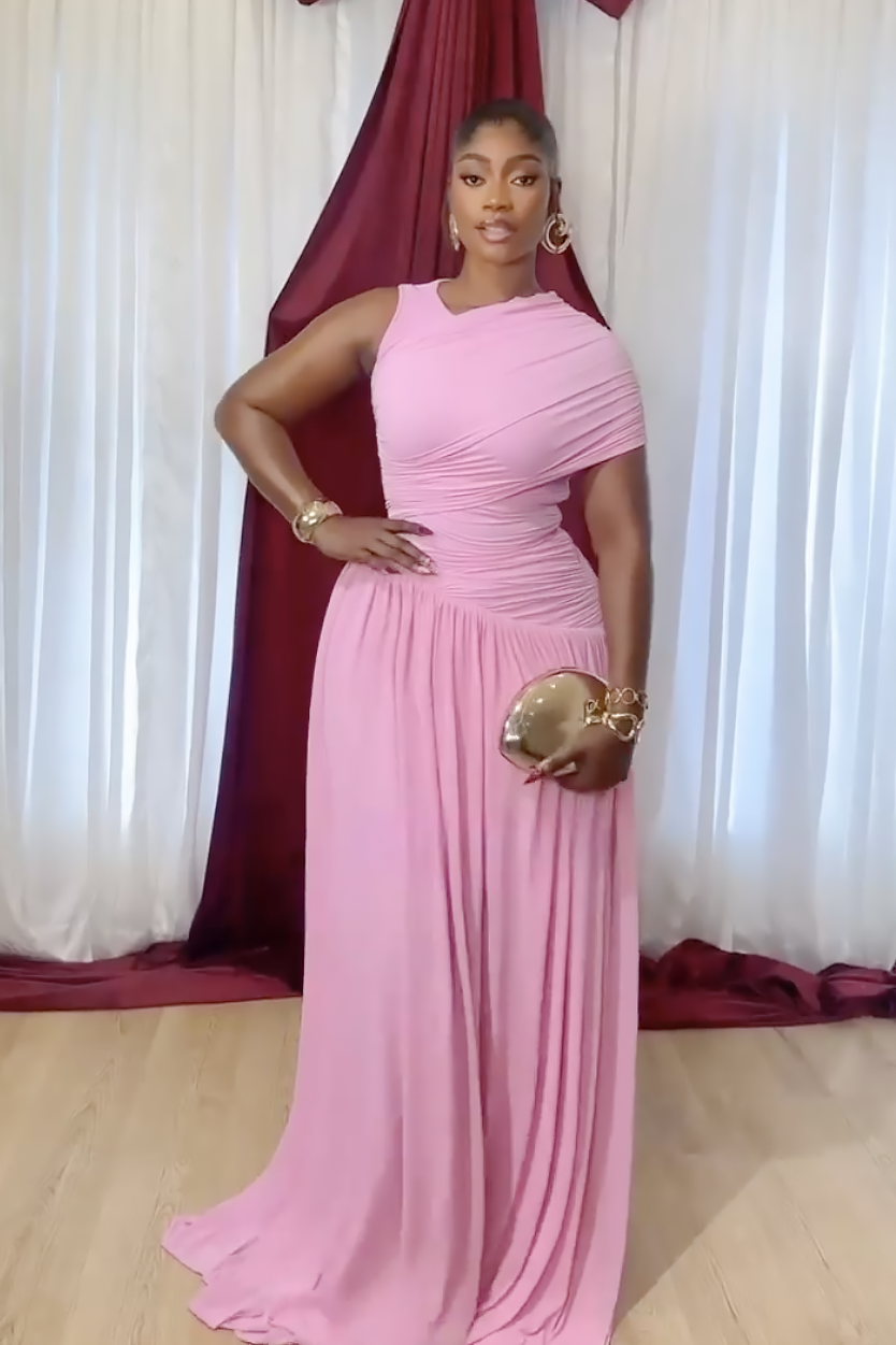 Hot Pink One-Shoulder Ruched Maxi Dress