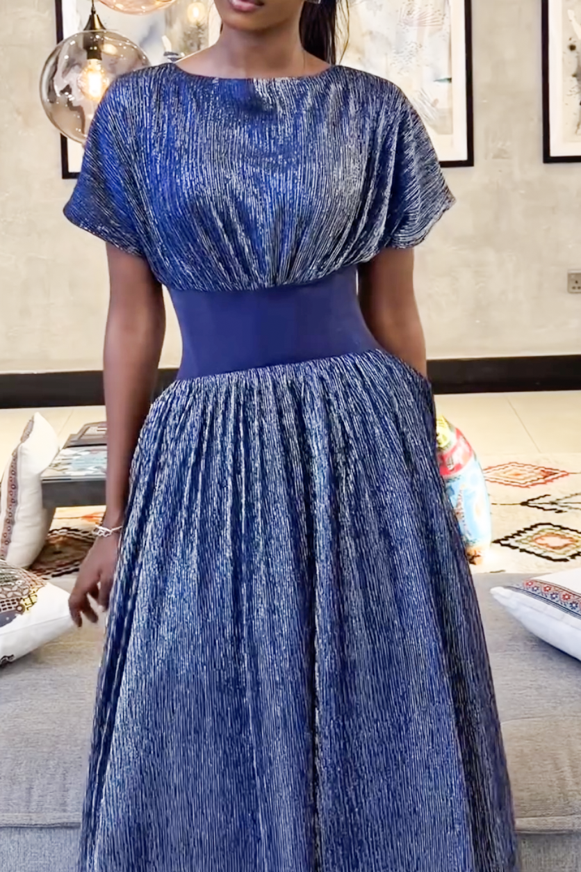 Royal Blue Metallic Pleated Maxi Dress