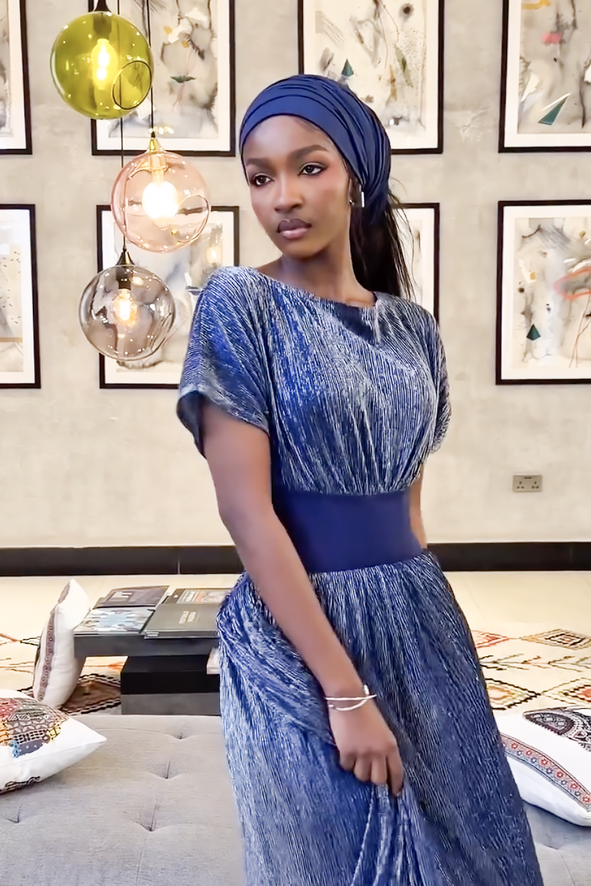 Royal Blue Metallic Pleated Maxi Dress