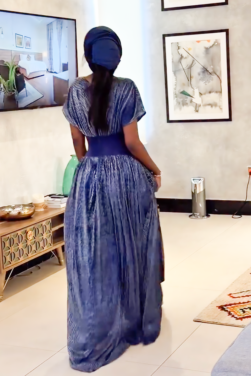 Royal Blue Metallic Pleated Maxi Dress