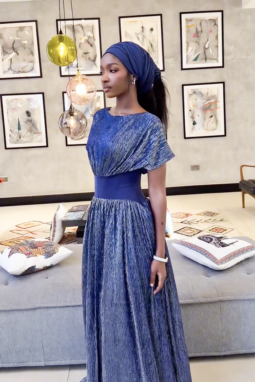 Royal Blue Metallic Pleated Maxi Dress