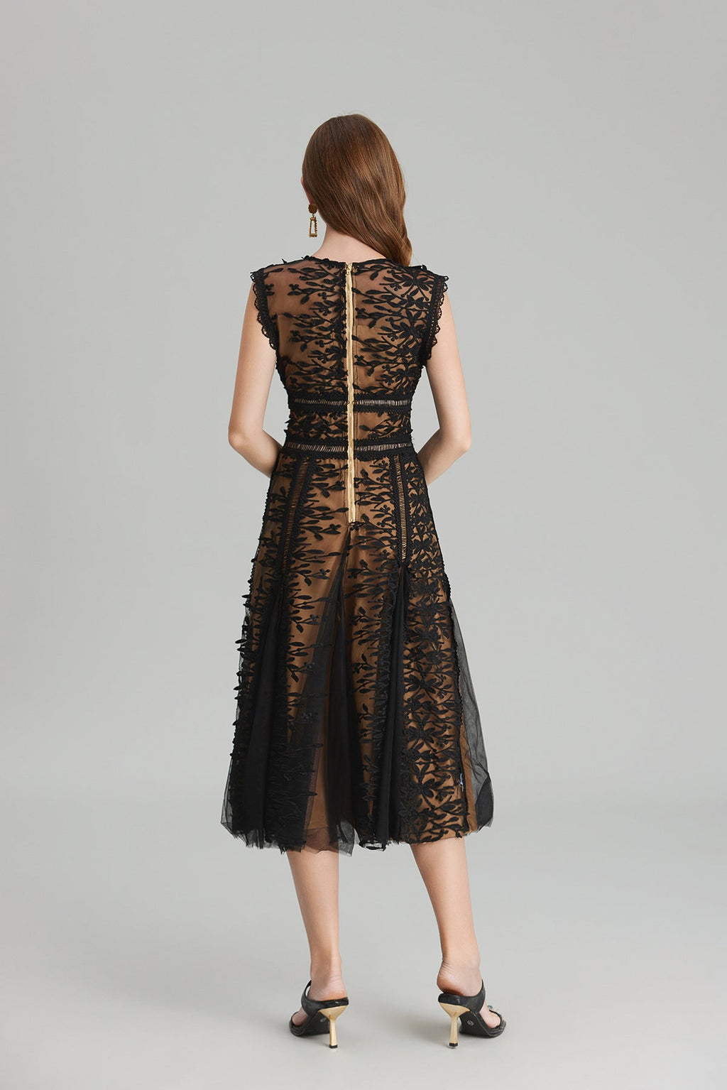 Maëlle Round Neck Mesh Embroidered Midi Dress In Beige