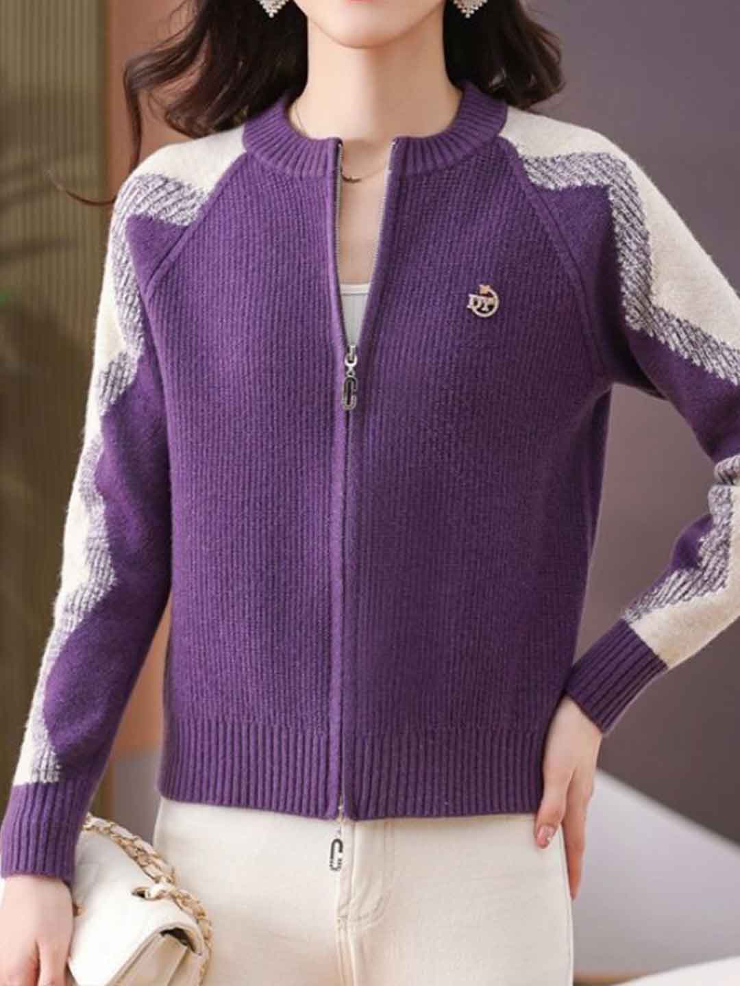 Paige Loose Crew Neck Colorblock Knitted Cardigan