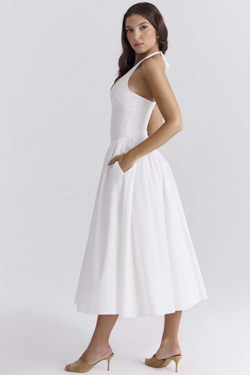 White Cotton Halter Midi Dresses