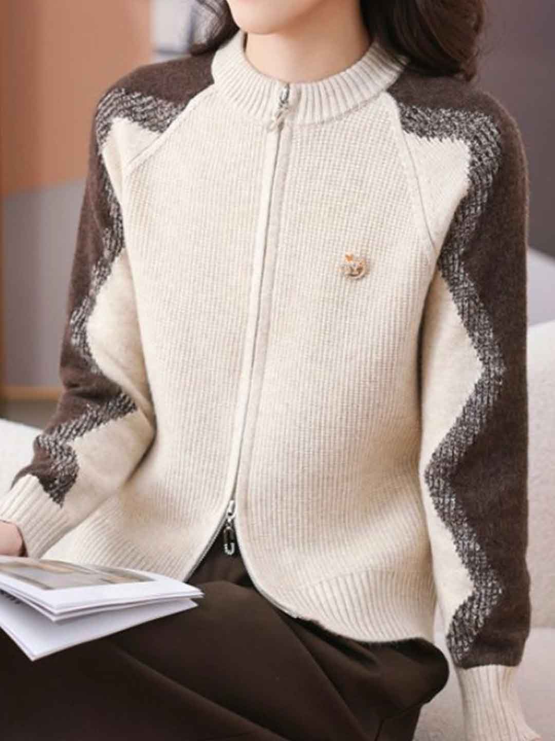 Paige Loose Crew Neck Colorblock Knitted Cardigan-Green