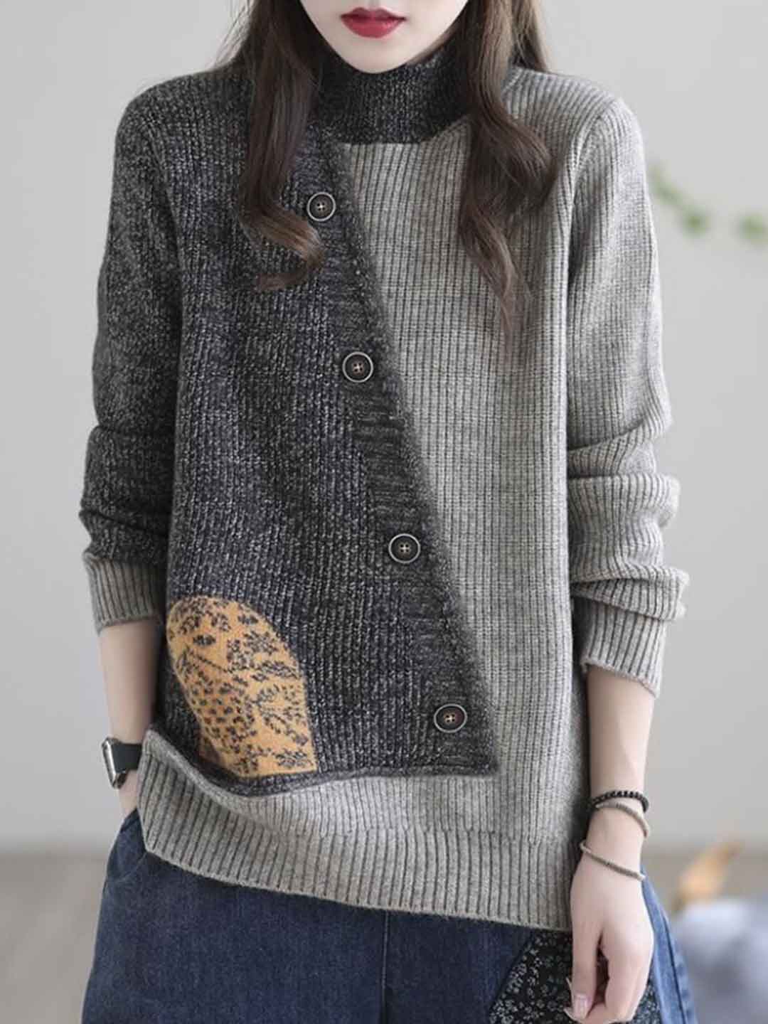 Mya Loose Crew Neck Colorblock Knitted Pullover Top