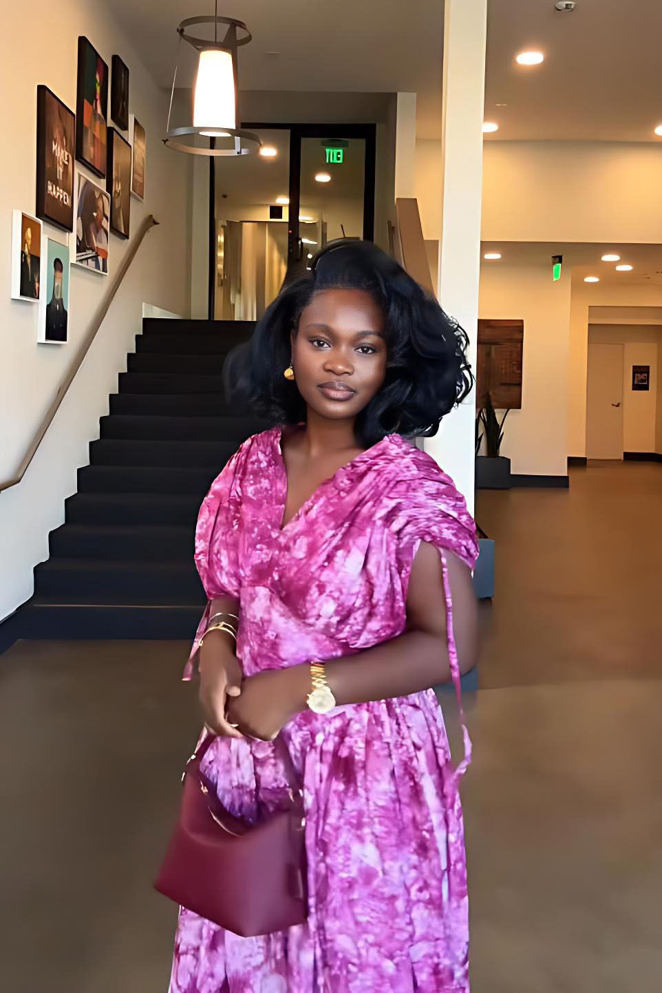 Fuchsia Tie-Dye V-Neck Puff Sleeve Maxi Dress