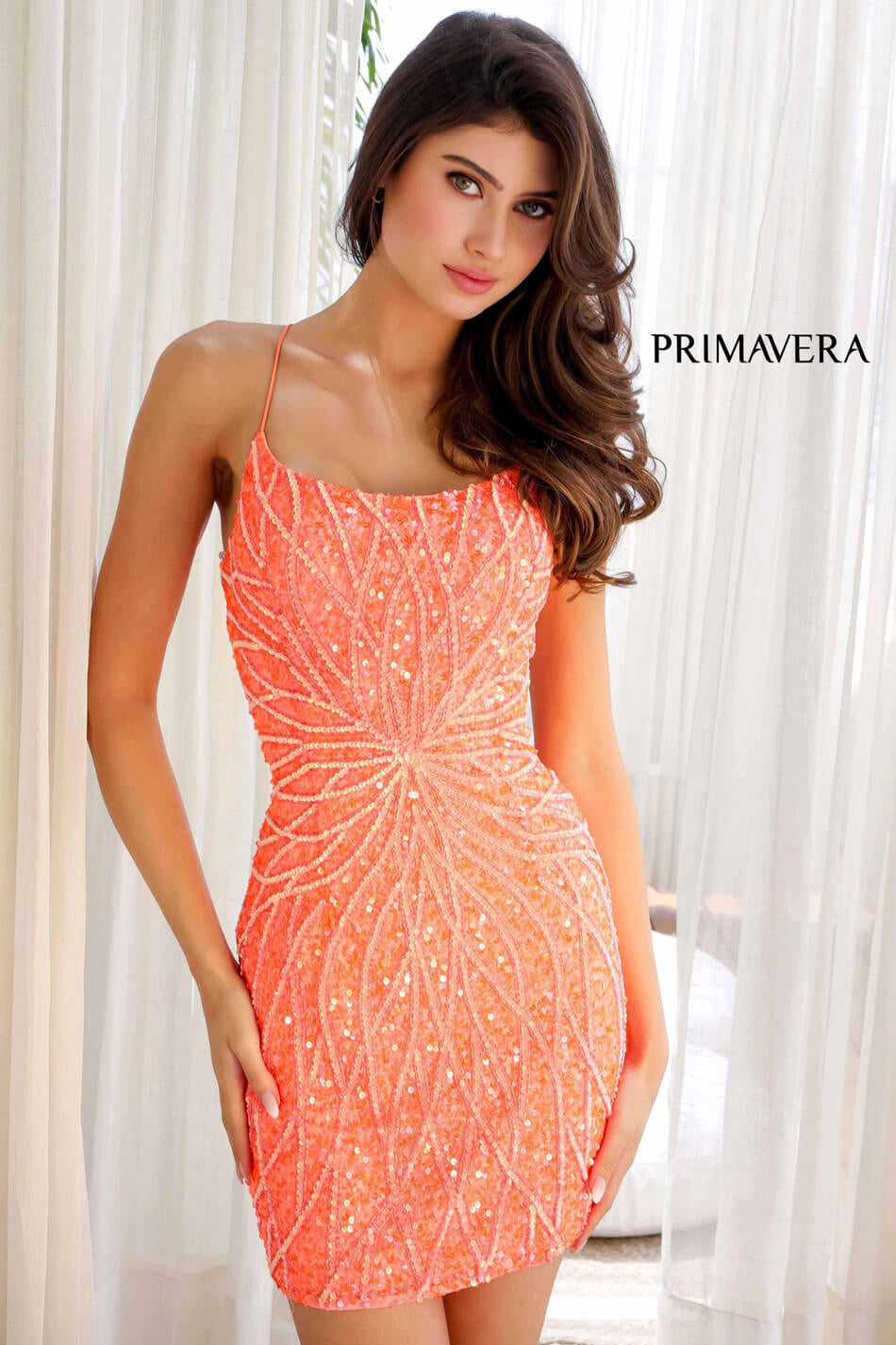 4001 - Primavera - Scoop Neck Beaded Short Dress with Lace-Up Open Back