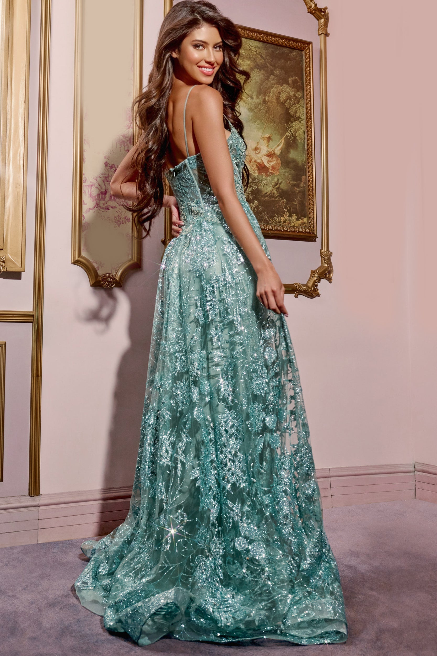 42199 - Jovani - Sage Lace Embroidered A-Line Ball Gown
