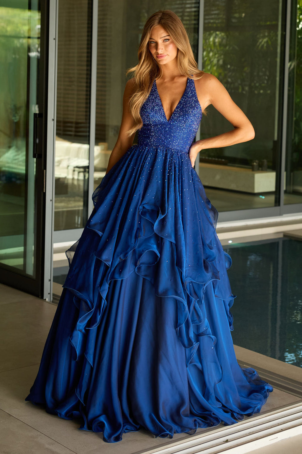 42238 - Ava Presley - Halter Ball Gown With Ruffled Skirt