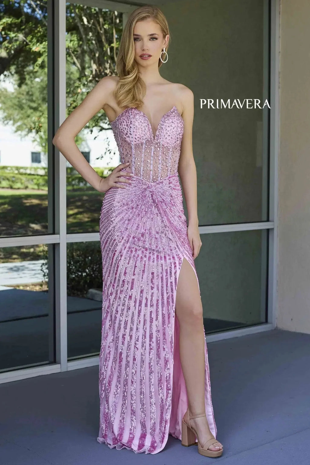 4304 ¨C Primavera - Strapless Beaded Gown with Slit & Lace-Up Back
