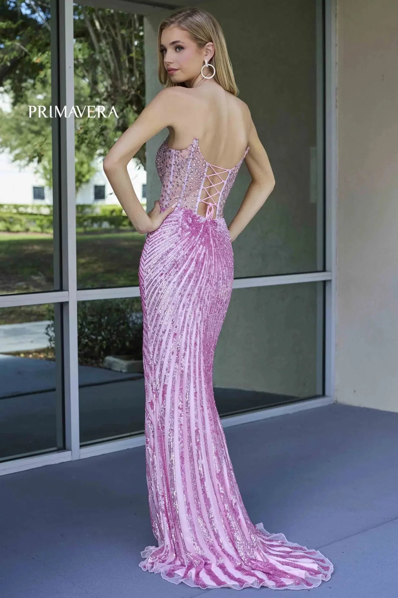 4304 ¨C Primavera - Strapless Beaded Gown with Slit & Lace-Up Back
