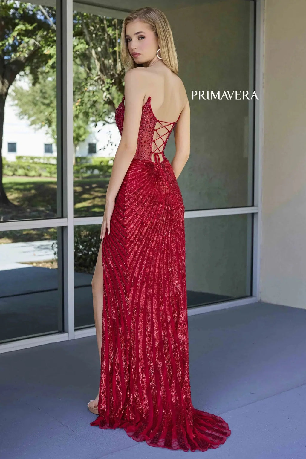 4304 â€?Primavera - Strapless Beaded Gown with Slit & Lace-Up Back