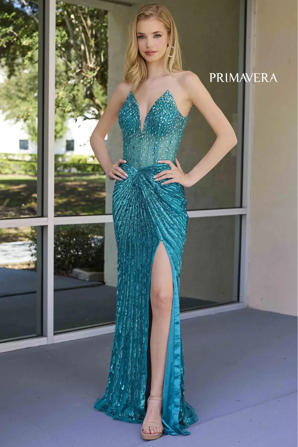 4304 â€?Primavera - Strapless Beaded Gown with Slit & Lace-Up Back