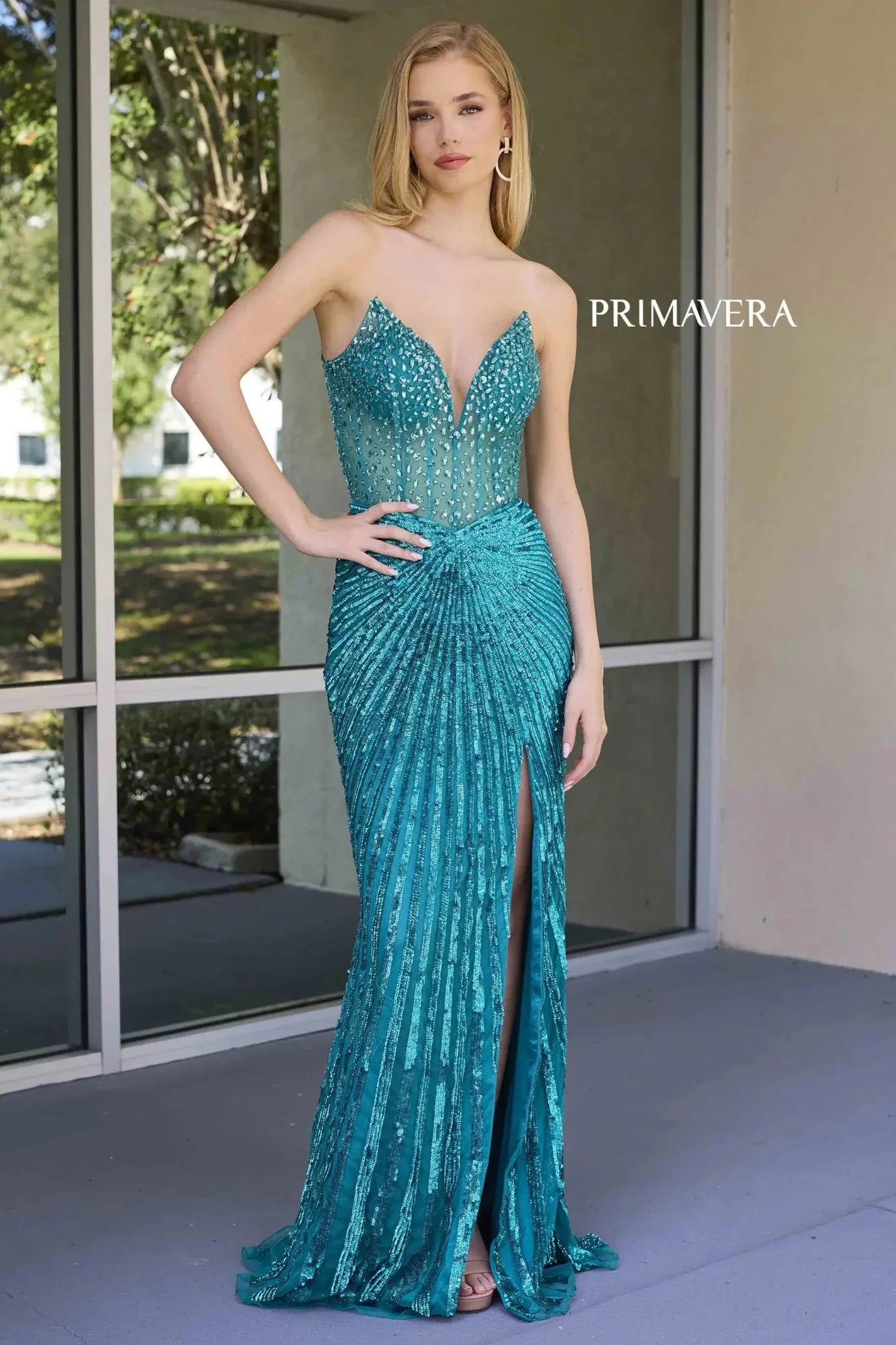 4304 ¨C Primavera - Strapless Beaded Gown with Slit & Lace-Up Back