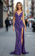 47793 - Jovani - Sequin Deep V Gown in Purple-Multi