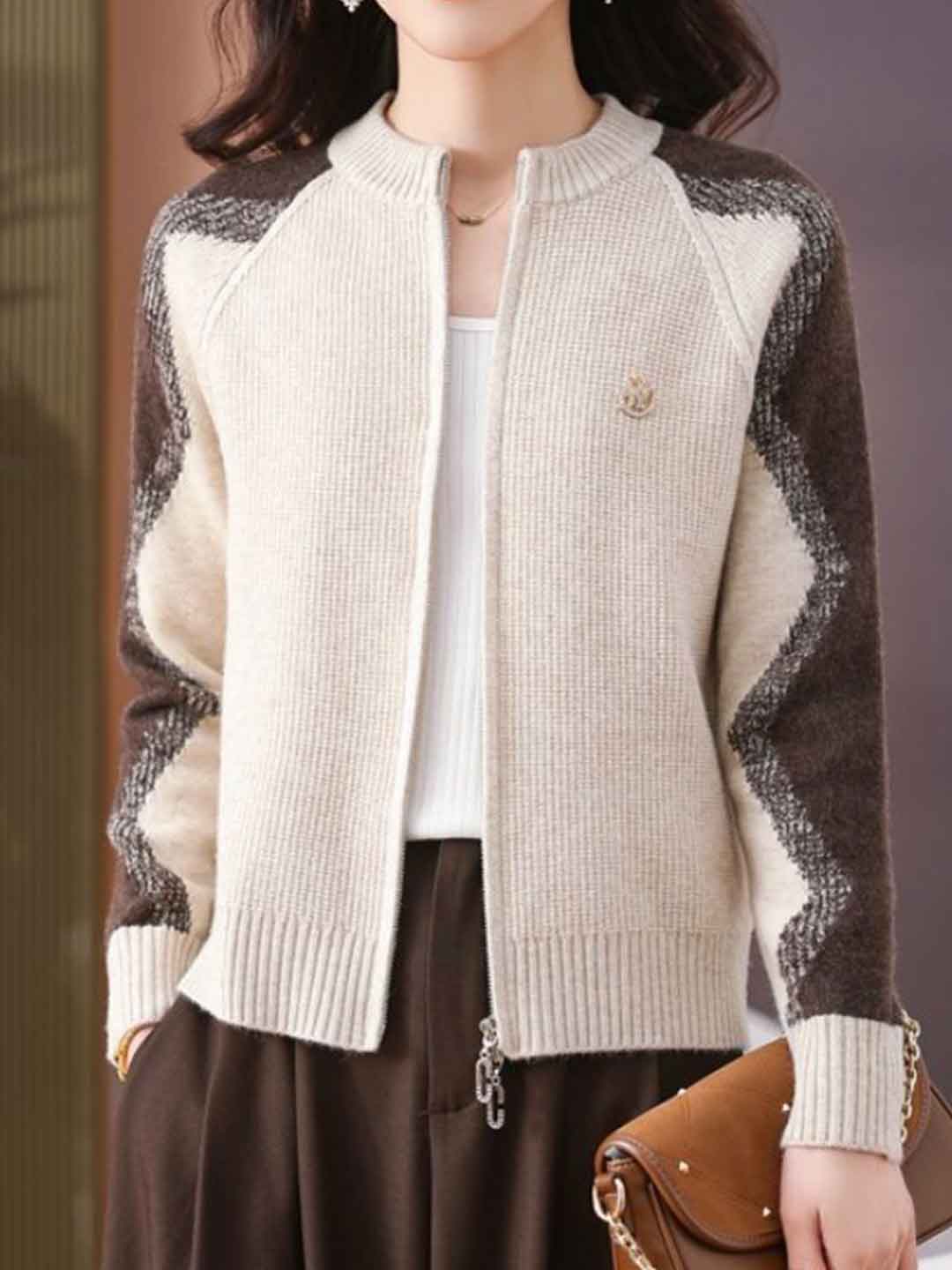 Paige Loose Crew Neck Colorblock Knitted Cardigan-Green
