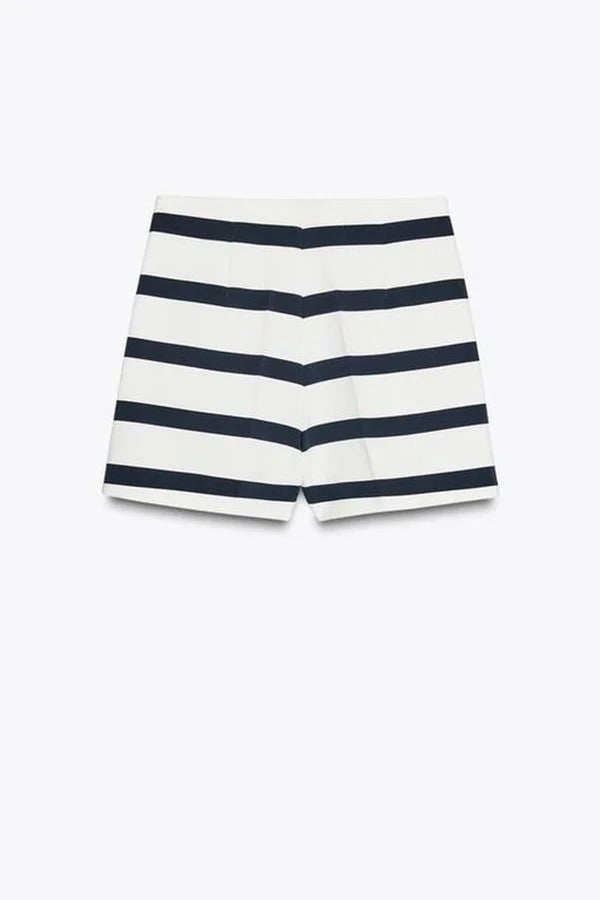 Logbook Stripe Button Shoulder T-Shirt and High-Rise Pocketed Loose Shorts Set