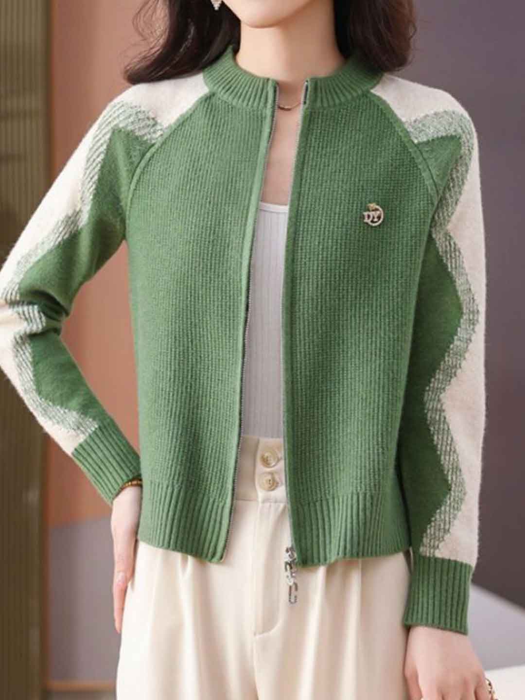 Paige Loose Crew Neck Colorblock Knitted Cardigan