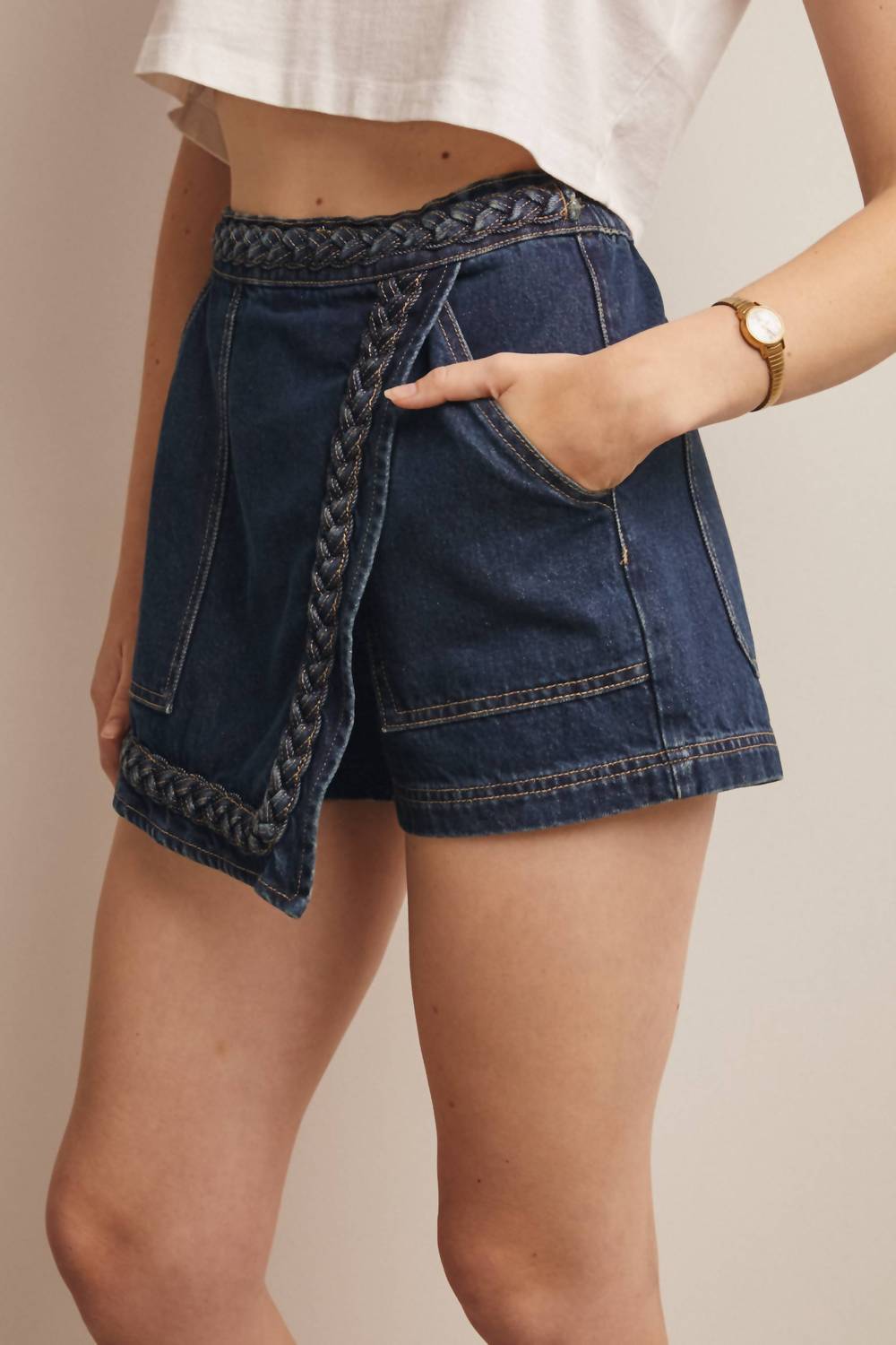 Forte - Braided Trim Denim Wrap Skort