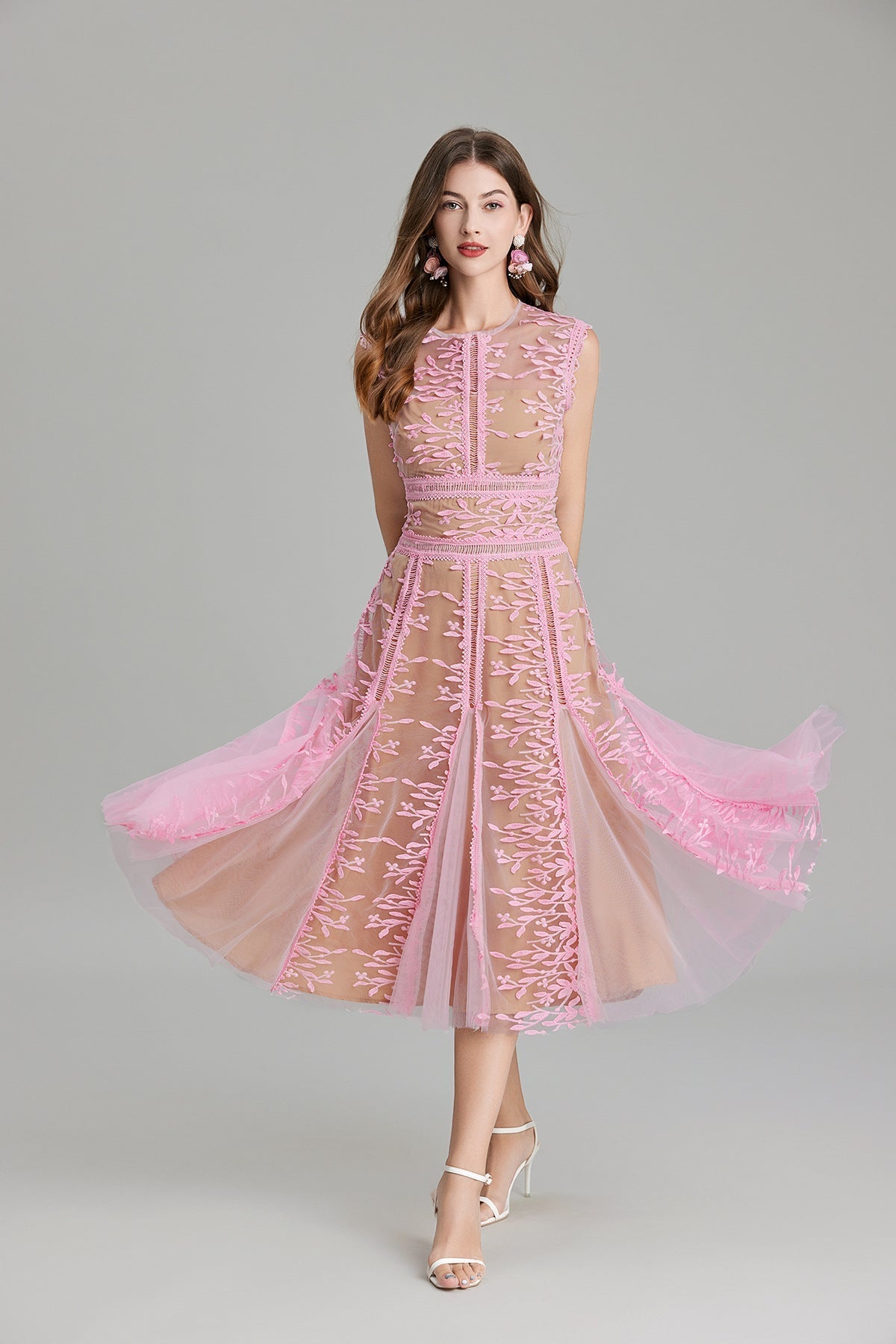 Maëlle Round Neck Mesh Embroidered Midi Dress In Beige