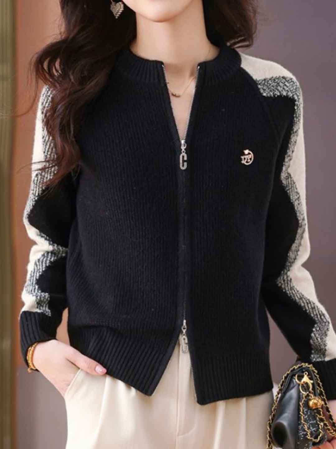 Paige Loose Crew Neck Colorblock Knitted Cardigan