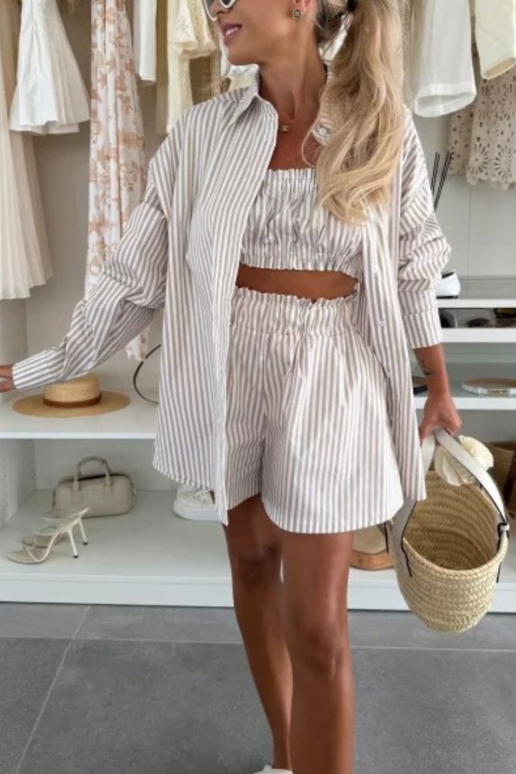 Zoie Striped Stretch Bandeau + Elastic Waist Pocket Shorts + Oversized Blouse 3 Pieces Set
