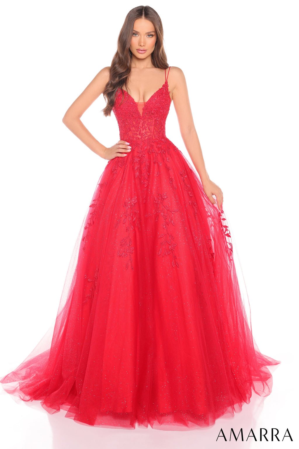 88536 - Amarra - Floral Ball Gown With Plunging V-Neckline