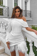 French One - Shoulder Feather Mini Dress