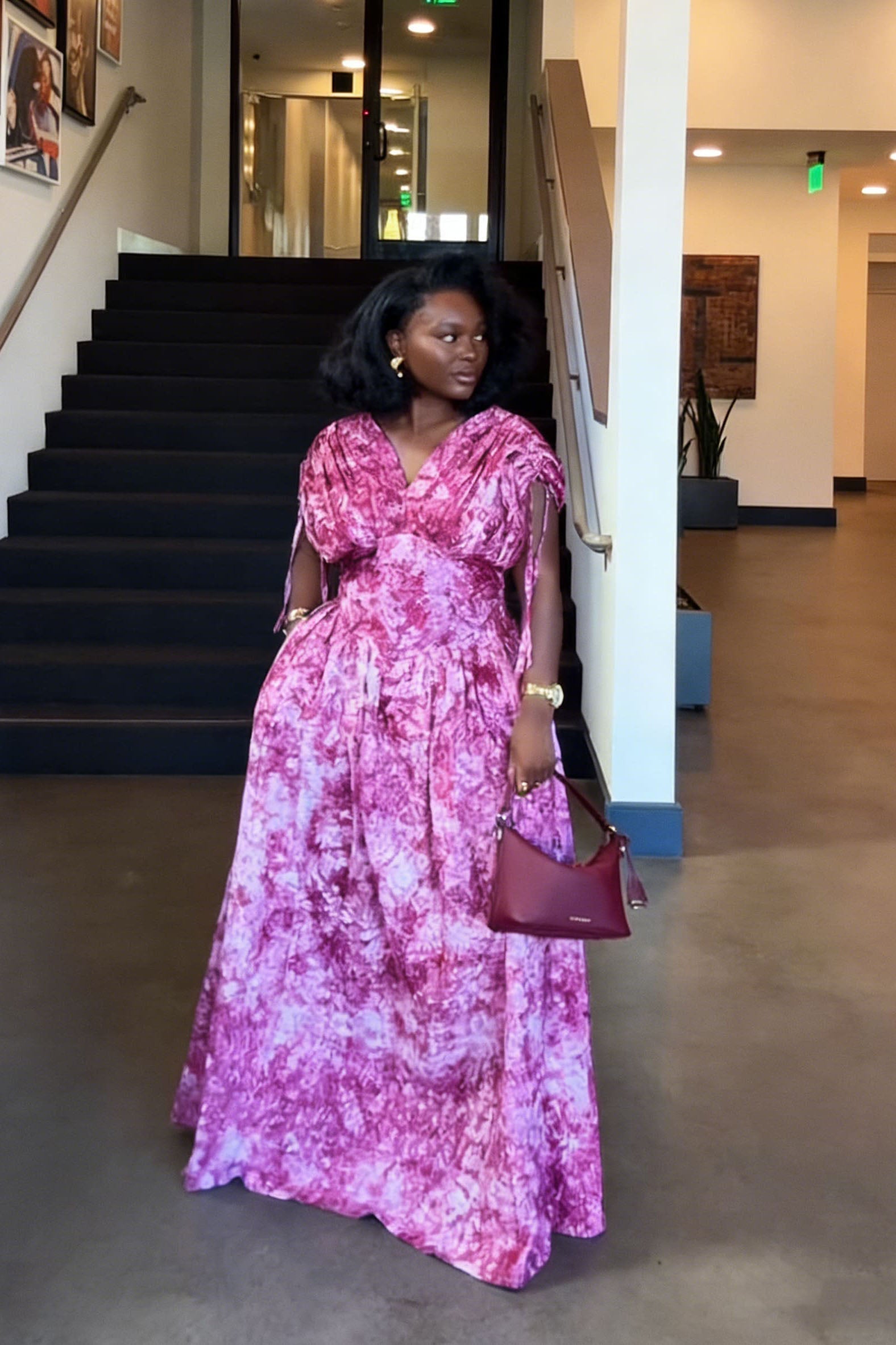 Fuchsia Tie-Dye V-Neck Puff Sleeve Maxi Dress