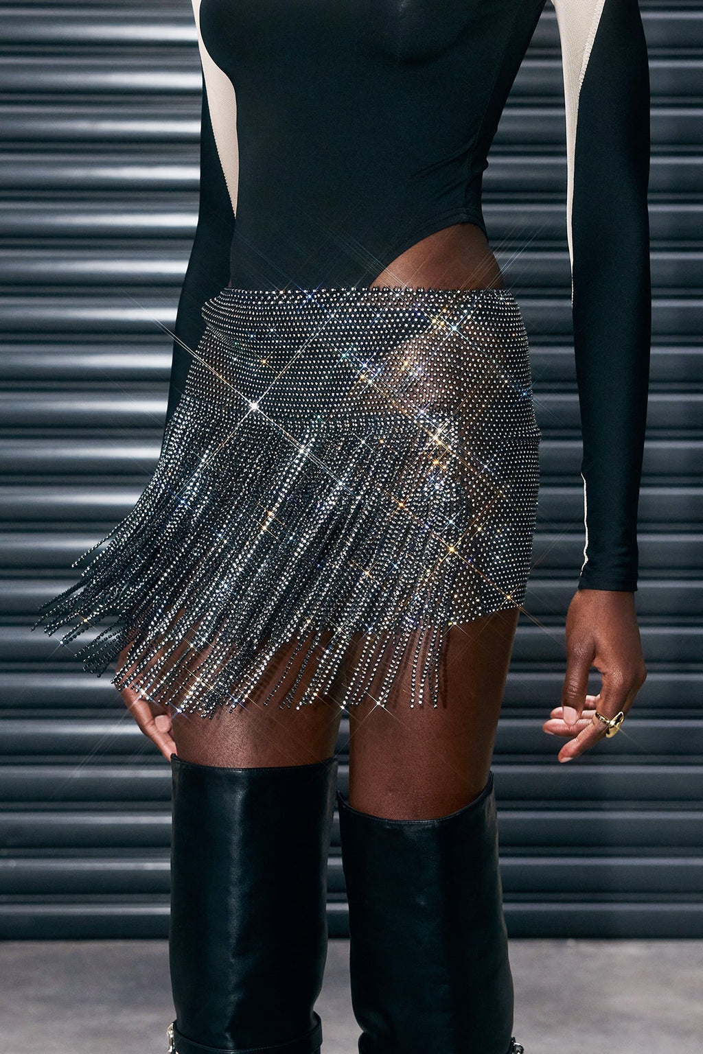 Antonello Rhinestone Fringe Mesh Skirt