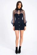 Tabitha Navy Blue Mesh Lantern Sleeve Mini Dress