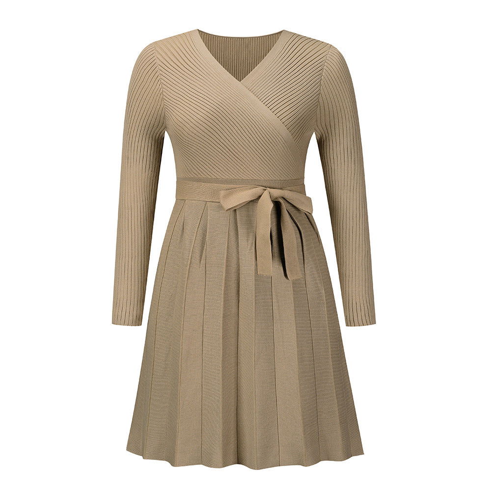 Sweater Dress V-neck Pleated Knitted Short A- Word Dress