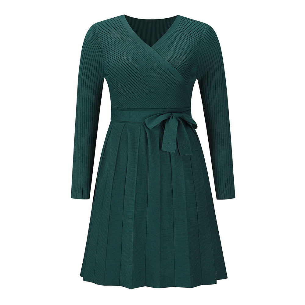 Sweater Dress V-neck Pleated Knitted Short A- Word Dress