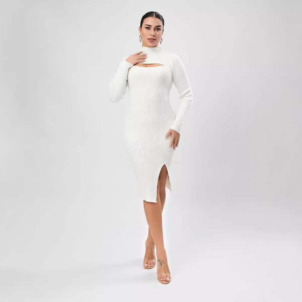 Half Turtleneck Chest Hollow Out Cutout Design Sweater Skinny Slimming Dress