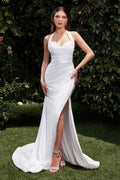 Autumn Gown - Off-White Stretch Spandex Satin Halter Fitted Dress