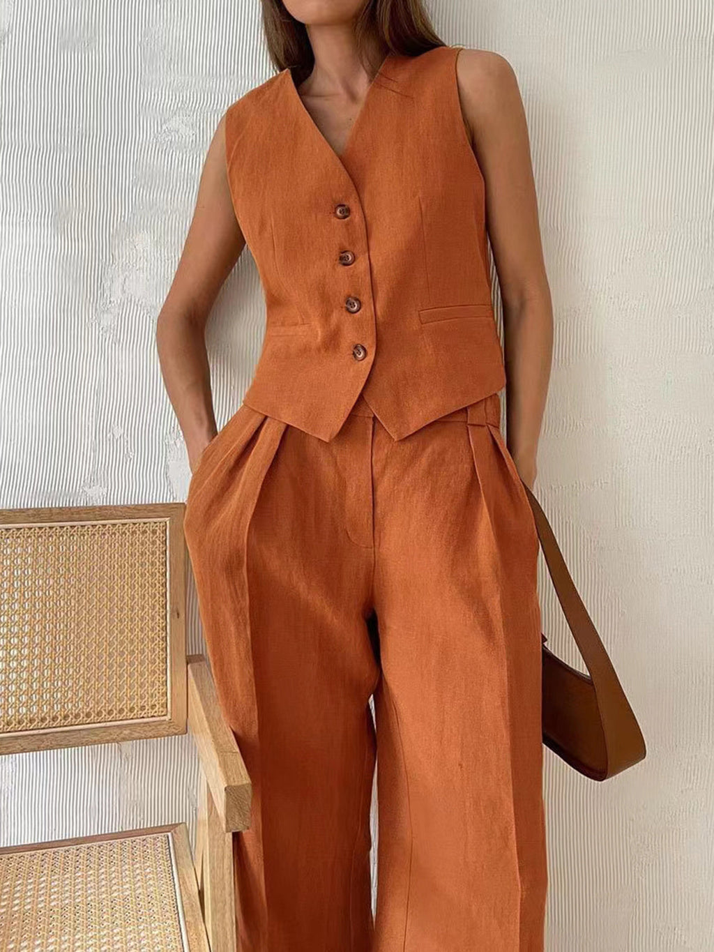 Tailored  Linen Vest & Wide-Leg Pants Set